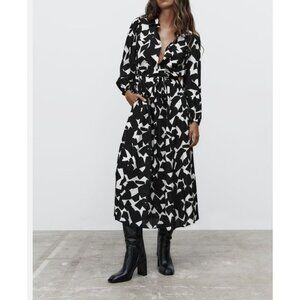 Zara Midi Dress Black & Cream Abstract Print Viscose Button Front Long Sleeve S